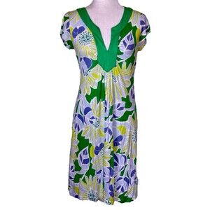 Women’s Green‎ Blue Tropical Floral Shift Dress Coastal Beach Resort Vacation M